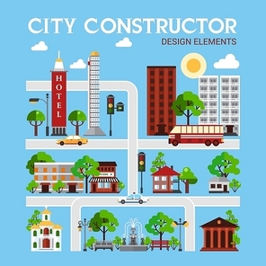 City constructor design elements with different objects of urban infrastructure on blue background vector illustration