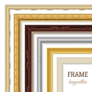 Frame baguettes realistic set for paintings and pictures isolated vector illustration