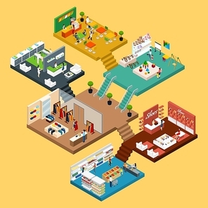 Mall Isometric icon set with conceptual 3d map of multistory shopping center with different floors and areas vector illustration