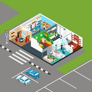 Shopping mall Isometric icons in scheme of one storied shopping center with parking place beside vector illustration