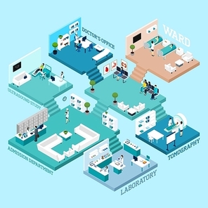 Hospital icons Isometric abstract scheme with various rooms staff  equipment and interior connected by stairs  vector illustration
