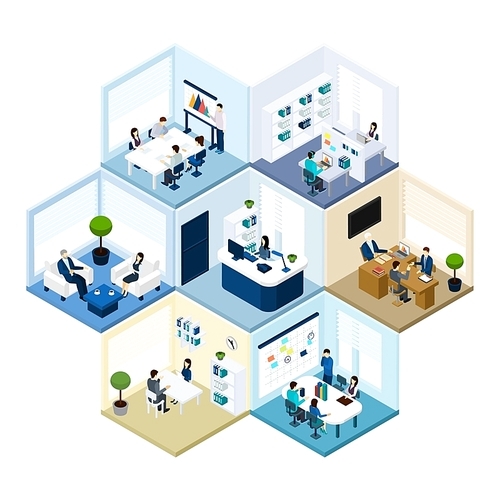 Business offices workspace interior organization tessellated honeycomb hexagonal isometric composition pattern abstract vector isolated illustration