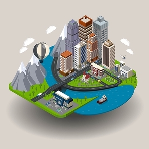 Isometric city icon with buildings street skyscrapers and other ordinary elements like school church clinic vector illustration