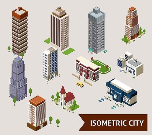 Isometric city isolated icon set with different types of buildings and adjoined territory vector illustration