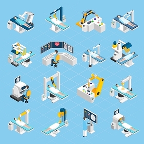 Robotic surgery isometric icons set with  surgeons patients and medical robots with widescreen touch screen and touch control isolated vector illustration