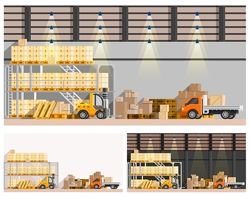 Warehouse orthogonal compositions set with van and loader flat isolated vector illustration