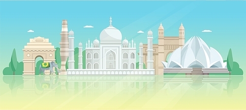 India architectural skyline poster with taj mahal lotus temple tower of victory and gate vector illustration