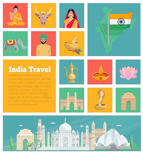 India decorative flat icons with map architecture cuisine and national suits isolated vector illustration