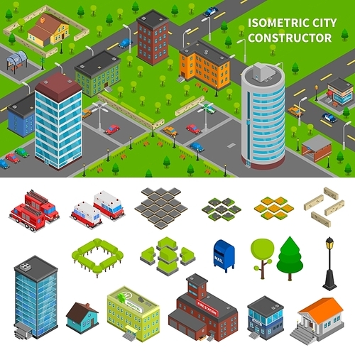 City constructor isometric banners with top view town composition and elements of urban infrastructure vector illustration