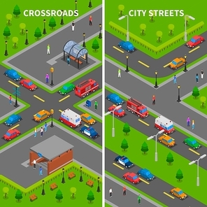 Street traffic isometric vertical banners set with crossroads underpass bus stop pedestrians trucks and cars vector illustration