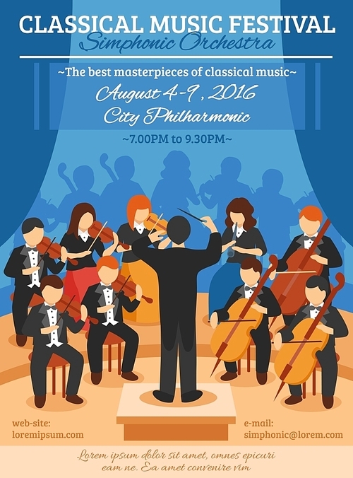 Classical music festival flat poster with musicians of symphonic orchestra and conductor vector illustration