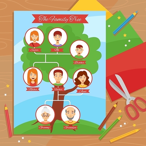 Family tree creative project with paper scissors pencils and relatives pictures arrangement flat poster abstract vector illustration