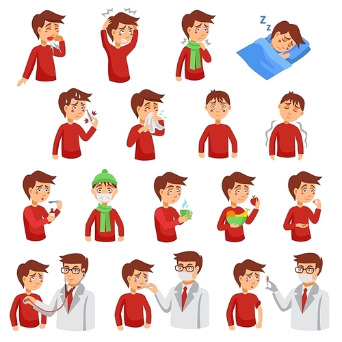 Flu illness cartoon icons with unhealthy people and doctors helping diseased patients flat vector illustration