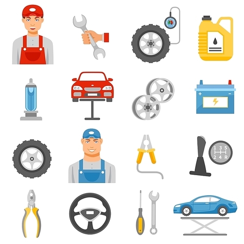 Car repair shop tools and accessories and auto service mechanic flat icons set abstract isolated vector illustration