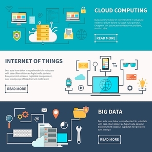 Information technologies horizontal banners set with cloud computing internet and data protection isolated vector illustration