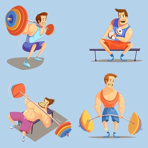 Gym cartoon icons set with weightlifting symbols on blue background isolated vector illustration