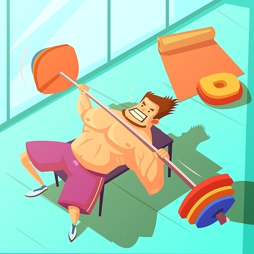 Weightlifting in a gym background with bench  barbell and man cartoon vector illustration