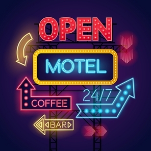Colorful glowing neon light signs for motel and cafe set on dark blue background vector illustration