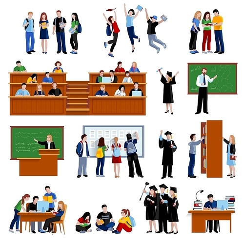 Students at the university in library in auditorium and after exam flat color icons set on white  isolated vector illustration