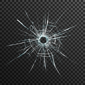 Bullet hole in transparent glass on abstract background with grey and black ornament vector illustration in realistic style.