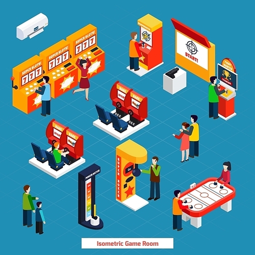 Isometric poster of public game room with different video games slots racing and arcade games vector illustration