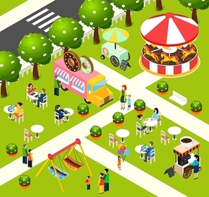 Street food truck in fairy entertaining park selling donuts and coffee isometric composition poster abstract vector illustration