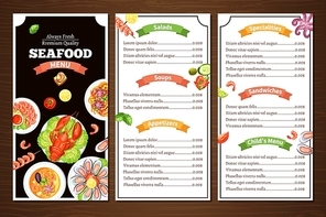 Compact color menu for seafood cafe or restaurant with wood background with title group of meal vector illustration