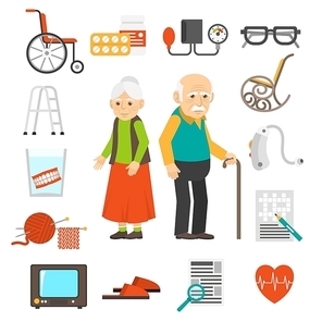 Old couple with senior care products flat icons collection with walker and cane abstract isolated vector illustration