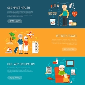 Old people daily life and health issues 3 flat horizontal banners webpage design abstract isolated vector illustration