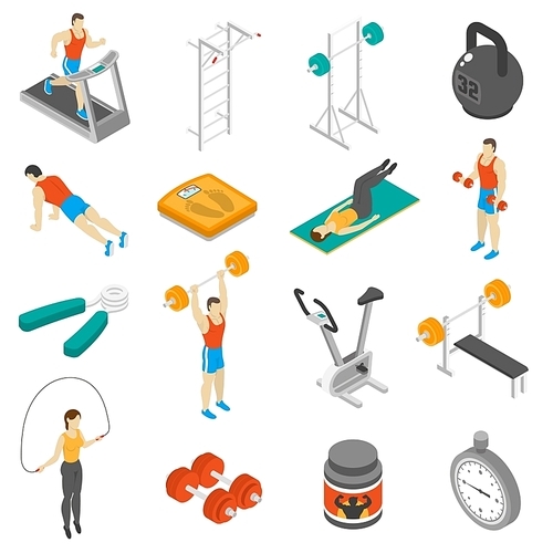 Fitness physical activities supplements and exercises for men and women isometric icons collection abstract isolated vector illustration