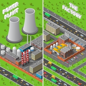 Industrial area 2 vertical isometric banners composition with factory and power plant wide chimneys abstract vector illustration