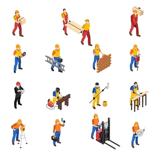 Builders work at construction site isometric icons collection with mason carpenter and project manager isolated vector illustration