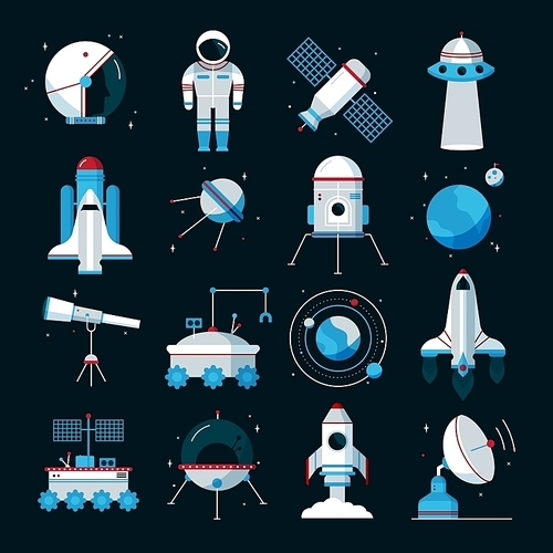 Spacecrafts flat icons set with cosmonaut space suit and equipment with black background poster abstract vector illustration
