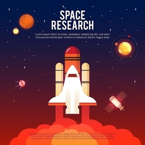 Space research and exploration colorful poster with shuttle launch satellite and international station flat abstract vector illustration