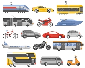 Transport decorative flat icons set with cars bus metro airplane train tram yacht motorcycle isolated vector illustration