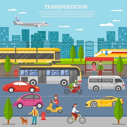 Transport in city poster with people and movement of airplane train tram bus individual vehicles vector illustration