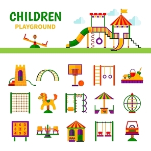 Color icons depicting different equipment children playground with title vector illustration