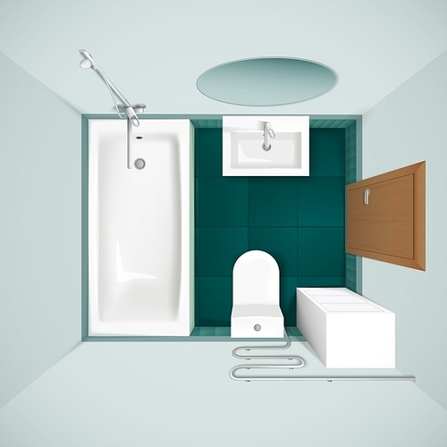 Little bathroom with green floor tiles bathtub toilet bowl and sink realistic top view image vector illustration