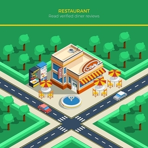 Top view on isometric city landscape with crossroad restaurant building fountain and tables under umbrellas on sidewalk vector illustration