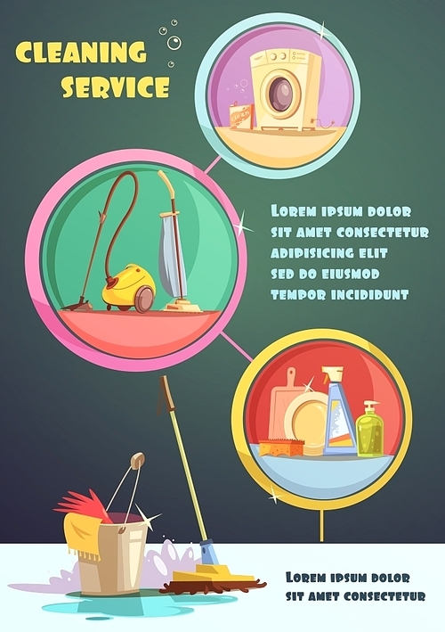 Cleaning infographic set with cleaning service and supplies symbols cartoon vector illustration