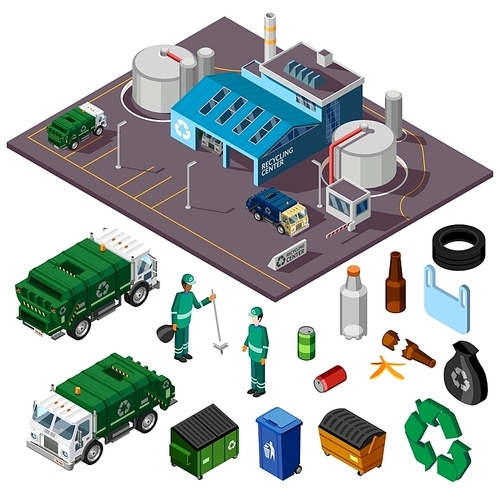 Recycling center isometric design concept with trucks garbage cleaners and elements for collecting and sorting trash vector illustration