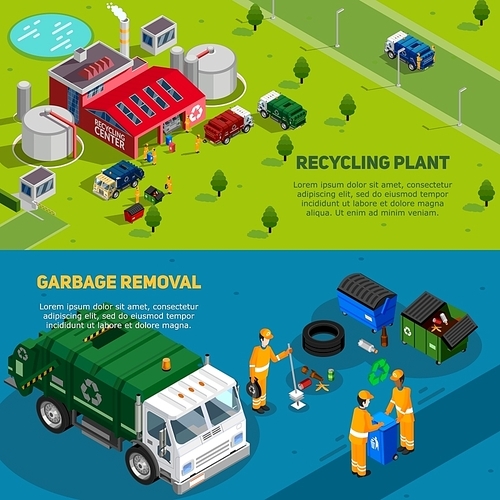 Two isometric garbage banners with trucks for waste disposal working cleaners and recycling plant icons vector illustration