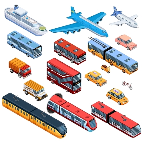 Isometric icons set of air water and land passenger transport with city bus city tram plane and delivery automobile isolated vector illustration
