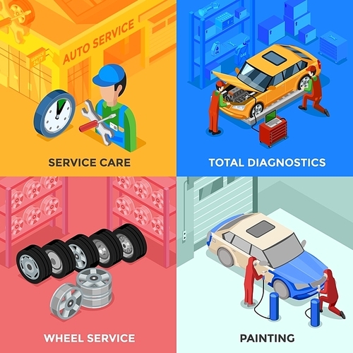 Car service isometric 2x2 design concept with total diagnostic wheel service and painting compositions vector illustration