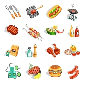 Summer barbecue party flat icons collection with grilled chicken drumsticks sausage and sauces abstract isolated vector illustration