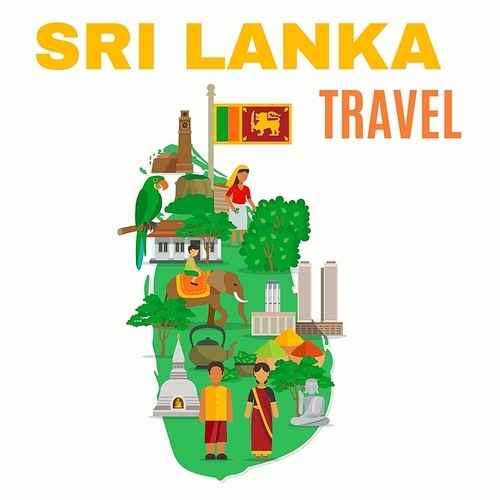 Color flat illustration depicting all features Sri Lunka culture on map of island vector illustration