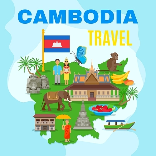 Cambodian culture and national symbols with country map and flag for travelers flat poster abstract vector illustration
