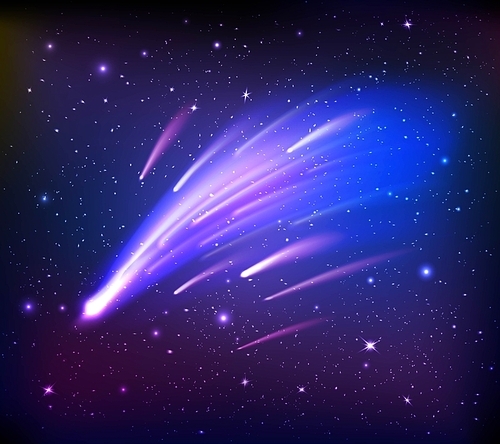 Space scene with falling comets on background with stars and dark sides flat vector illustration