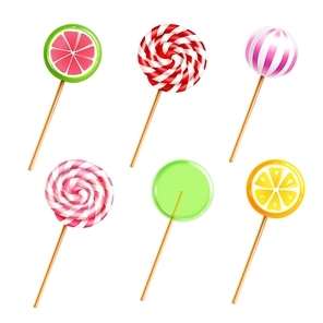 Colorful sweets lollipops and candies with different designs on sticks on white background realistic icons set isolated vector illustration