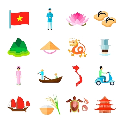 Vietnam Icons Set. Vietnam Travel Vector Illustration. Vietnam  Tourism Flat Symbols. Vietnamese Design Set. Vietnam Isolated Set.